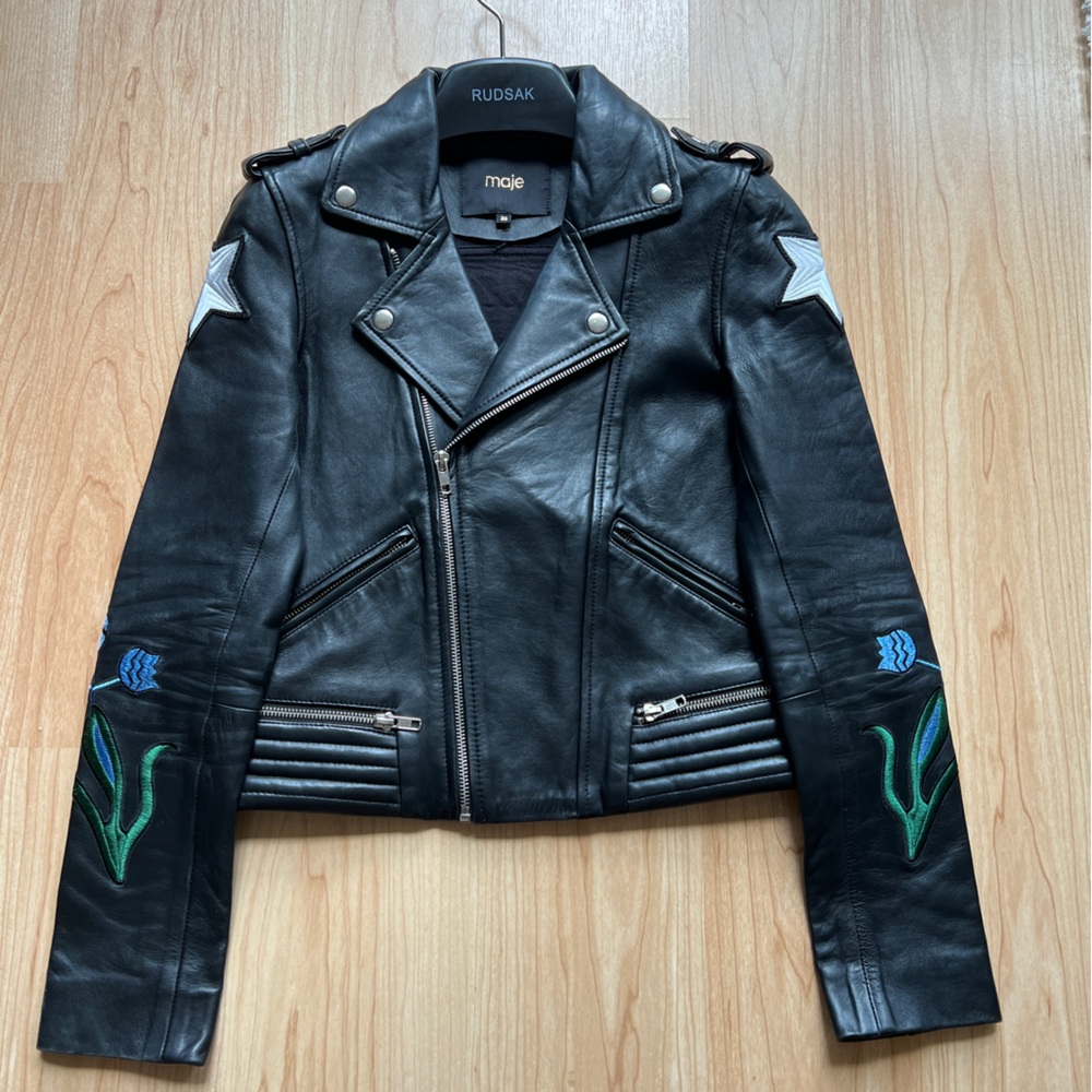 Maje Dream Tomorrow Embroidered Leather Jacket 36